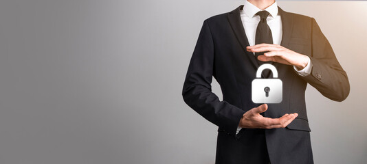 Cyber security network. Padlock icon and internet technology networking. Businessman protecting...