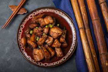 Chinese braised pork belly. Top view, close-up.