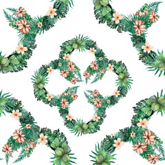 Tropical seamless pattern. Watercolor tropic drawing, rose bird and greenery palm tree, tropic green texture, exotic flower.