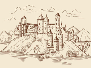Medieval background. Fantasy historical buildings with fortress towers house from vintage bricks recent vector landscape hand drawn illustration