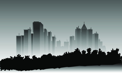 vector illustration depicting the silhouette of a forest park and high-rise buildings of the city in gray shades for prints on open cards and banners, and interior design