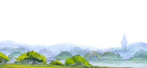 Naklejka premium Watercolor illustration. City by the lake