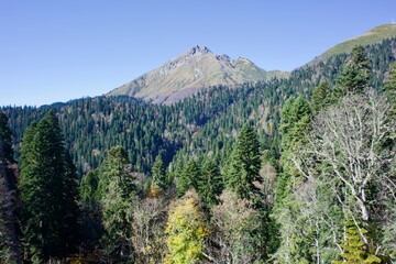 Fototapeta premium Beautiful landscapes of mountain ranges of the Caucasus Mountains in the Krasnaya Polyana region of Sochi, Russia