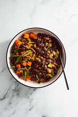 vegan mexcina-inspired bean chilli wit green beans and sweet potato, healthy plant-based food