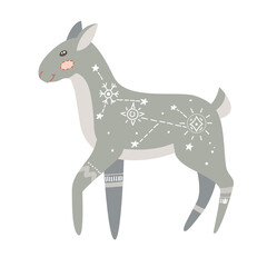 Gray deer in boho in pastel colors. Beautiful wild animal. Winter vector illustration isolated on white background.