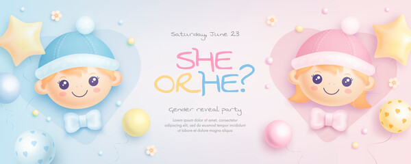 He or she. Cartoon gender reveal invitation template. Horizontal banner with realistic helium balloons. Vector illustration - obrazy, fototapety, plakaty