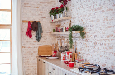Light kitchen with Christmas decorations lights