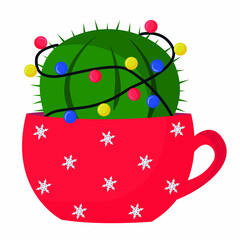 vector green winter cactus in a red pot isolated on a white background. Christmas and New Year trees in a cup with snowflakes. Cacti in a flat style with a garland, Christmas décor