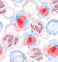 Floral bright and delicate romantic trendy botanical pattern photo print with multicolored blue and pink rose flowers on white background.