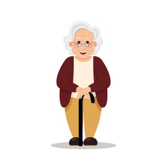 Grandmother wearing glasses. An elderly woman with cane in her hands.