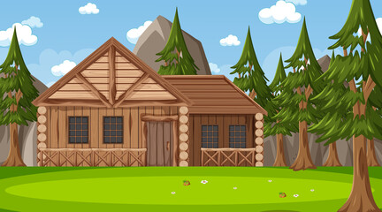 In front of wooden house in nature scene