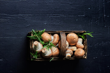 Mushrooms. royal champignon mushrooms in a wooden basket. Rustic style. Top view.