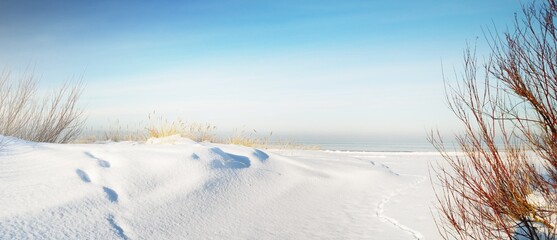 Frozen Baltic sea shore on a clear day, snow texture close-up. Blue sky. Picturesque winter scenery. Concept image. Seasons, nature, ecology, environment, climate change, global warming