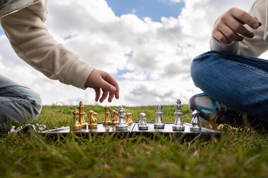 Sisters playing chess while sitting on grass