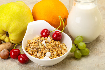 Breakfast with granola and milk