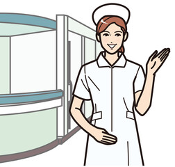 手をかざして案内する看護師