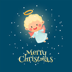 Fototapeta na wymiar Merry Christmas greeting card. Illustration of a cute little angel on a background of a snowy winter night. Vector 10 EPS.