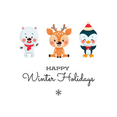 Happy Winter Holidays greeting card with cute animals. Winter holiday illustration of a cartoon little polar bear, a deer and a penguin. Vector illustration 10 EPS.
