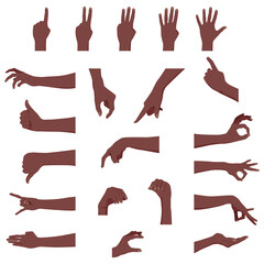 Set of hands in different gestures emotions and signs. Afro American dark skin color. Vector illustration isolated on white background.