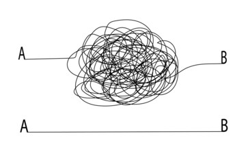 Naklejka premium A tangled path from alphabet or letters.The concept of simplifying a confusion or road in psychotherapy, psychology, or goal achievement.