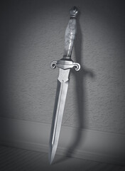 Antique dagger against the wall. 3D illustration