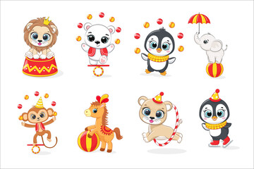 A set of cute circus animals. Vector illustration of a cartoon.