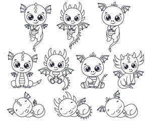 A set of contours of cute dragons. Vector illustration of a cartoon.