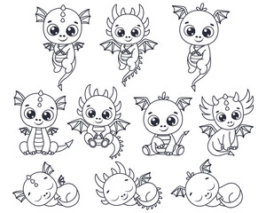 Fototapeta premium A set of contours of cute dragons. Vector illustration of a cartoon.
