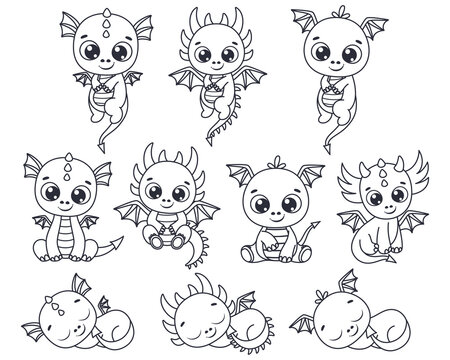A set of contours of cute dragons. Vector illustration of a cartoon.