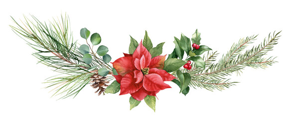 Watercolor Christmas wreath with green fir branches, eucalyptus leaves,  holly  and red Poinsettia flower. Illustration for greeting cards and invitations isolated on white background.