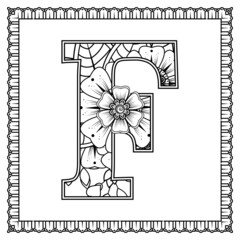 Letter F made of flowers in mehndi style. coloring book page. outline hand-draw vector illustration.