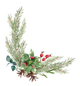 Watercolor Christmas corner wreath with green fir branches, coin, rosehip and holly flower. Illustration for greeting cards and invitations isolated on white background.