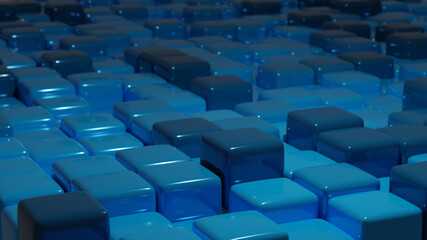 Abstract background with blue colored cubes, metal material, closeup. 3d render