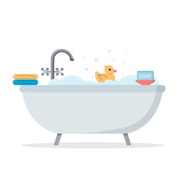 Foam bath on an isolated background. Bathtub with foam bubbles and rubber duck. Bath time. Bath towel and bath soap in flat style. Cute vector illustration.