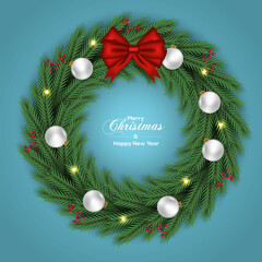 Christmas  wreath decoration with Pine branch red ribbon and  christmas ball