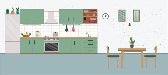 An interior of cozy kitchen with furniture, table, chairs, refrigirator and house plant, domestic life concept, flat vector illustration