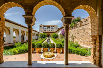 Generalife palace with green courtyard in Alhambra, Granada, Spain - obrazy, fototapety, plakaty