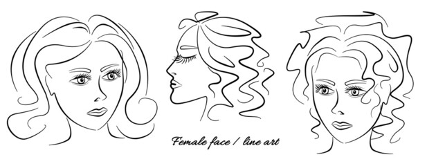 Set beautiful monochrome woman's face with. Line art fashion illustration on white background