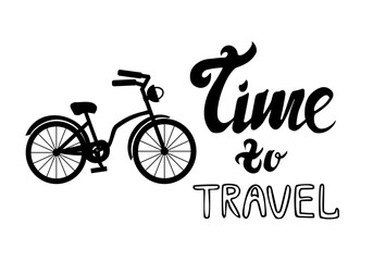 Silhouette of bike and lettering phrase time to travel isolated on white background Simple illustration