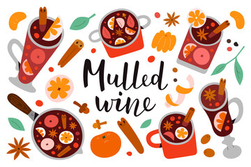Obraz na płótnie Canvas Mulled wine, Christmas punch in various cups and glasses, hot red wine with fruit and spice, scented alcohol drink with cinnamon, clove and anise star, festive glintwine, isolated vector illustrations
