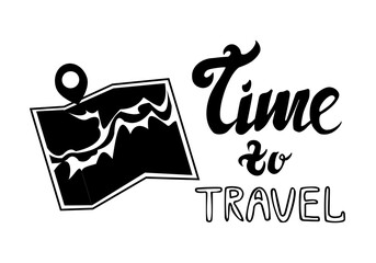 Silhouette of map and lettering phrase time to travel isolated on white background Simple illustration