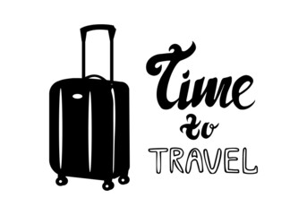 Silhouette of suitecase and lettering phrase time to travel isolated on white background Simple illustration