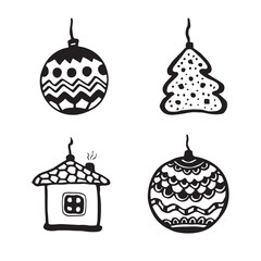 Christmas toys decoration in doodle style. New year balls silhouette.