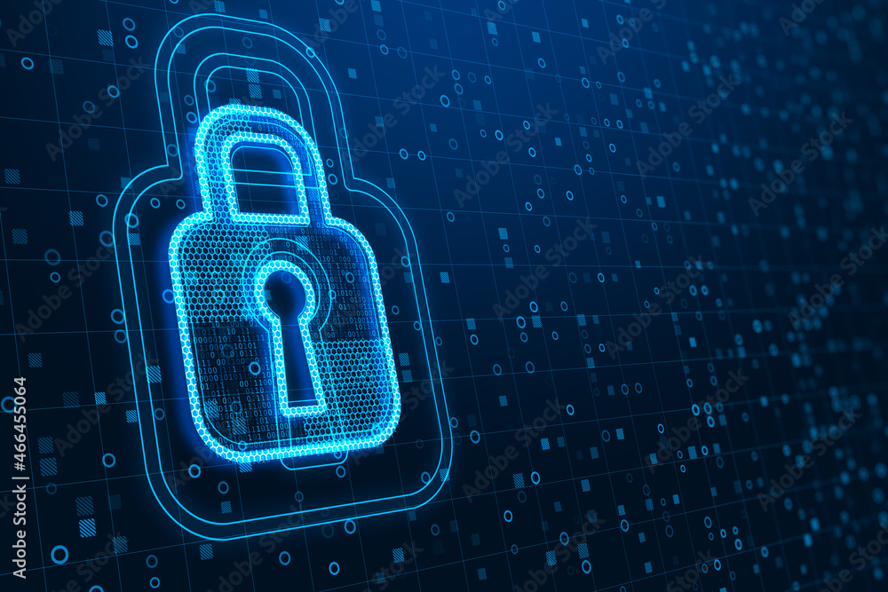Poster Abstract glowing padlock icon on dark binary code background with mock up place. Digital protection and security concept. 3D Rendering.