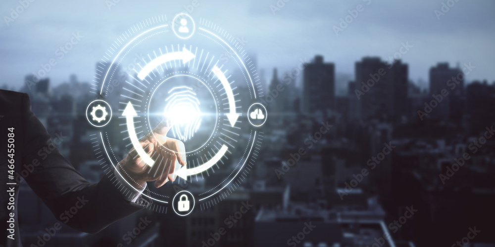 Poster close up of businessman hand pointing at abstract glowing fingerprint id scanning interface on blurr