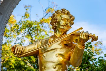 Raamstickers Monument to famous composer Johann Strauss in Stadtpark in autumn, Vienna, Austria © Mistervlad