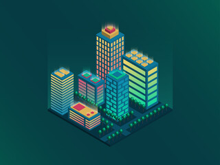 Isometric future city. Industrial office buildings in aerial view.