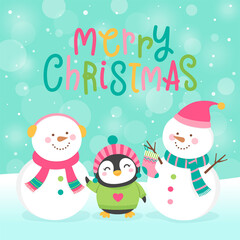 Cute snowman and penguin cartoon illustration for christmas card template