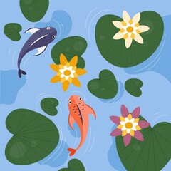 Pond with water lilies and fish, top view. Vector illustration.