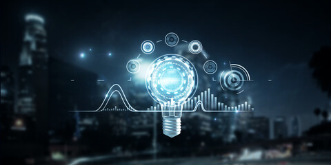 Abstract glowing business interface with glowing light bulb on dark night city background. Innovation, finance and technology concept. Double exposure.